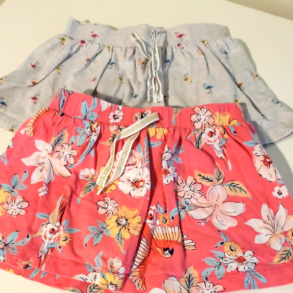 2 Oshkosh 2t Full Skirt Skorts Pink Floral Gray Flamingo 100% Cotton *